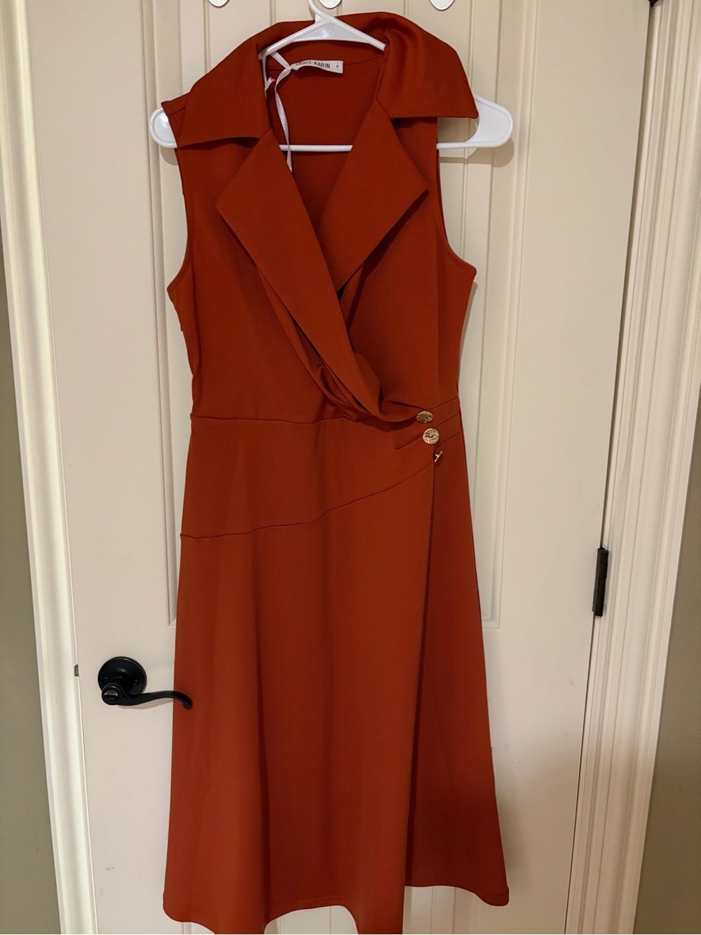 Grace Karin Sleeveless Rust-Orange Wrap Midi Dress